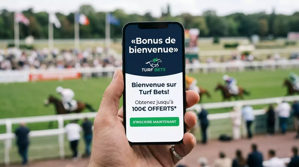 Ecran de smartphone affichant une offre de bienvenue sur un site de paris hippiques