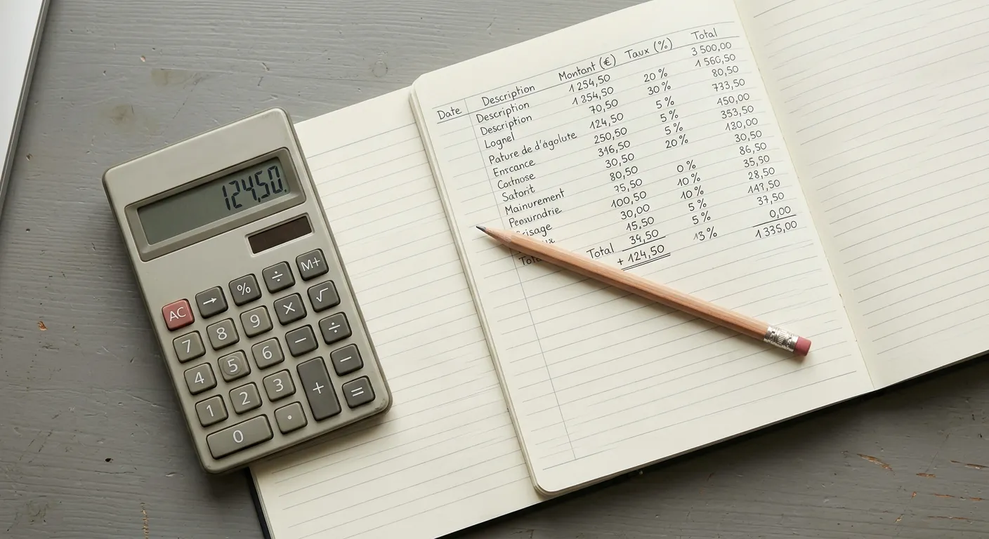 Calculatrice et feuille avec colonnes de chiffres illustrant le calcul de la double marge