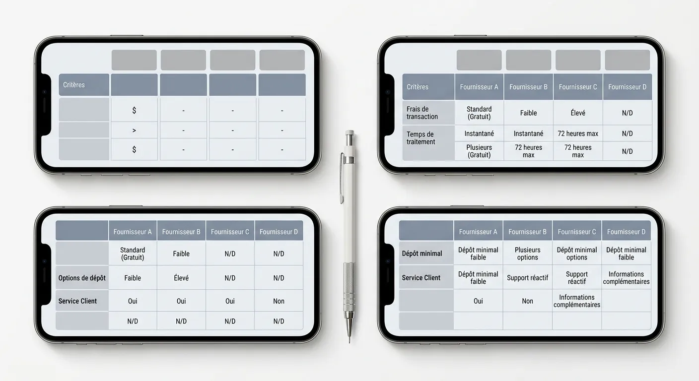 Comparaison visuelle des options de dépôt entre opérateurs