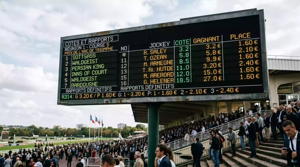 Tableau des cotes et rapports probables affichés sur un écran de courses hippiques PMU
