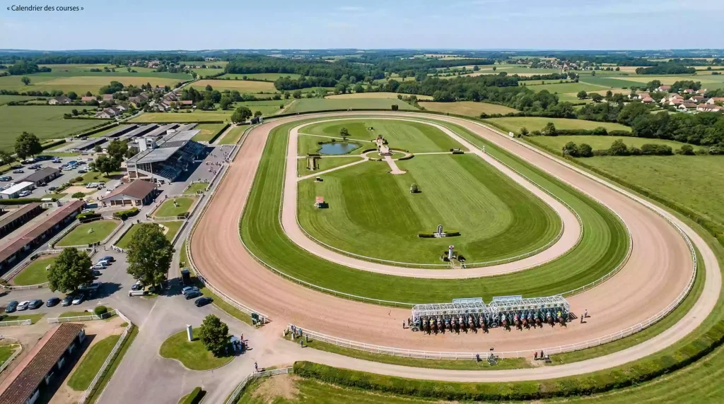 Vue aerienne d'un hippodrome francais avec des chevaux au depart d'une course