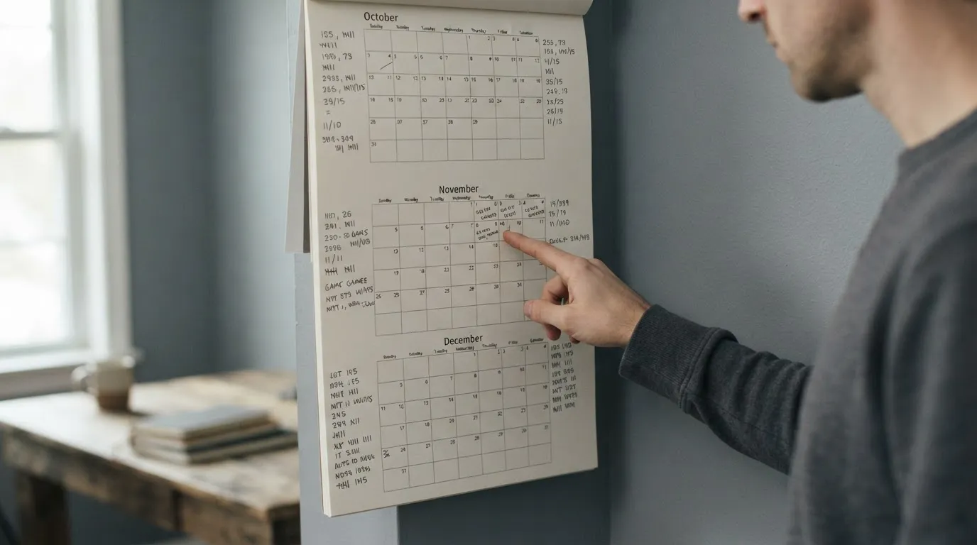 Calendrier de saison sportive avec annotations de coûts cumulés sur plusieurs mois