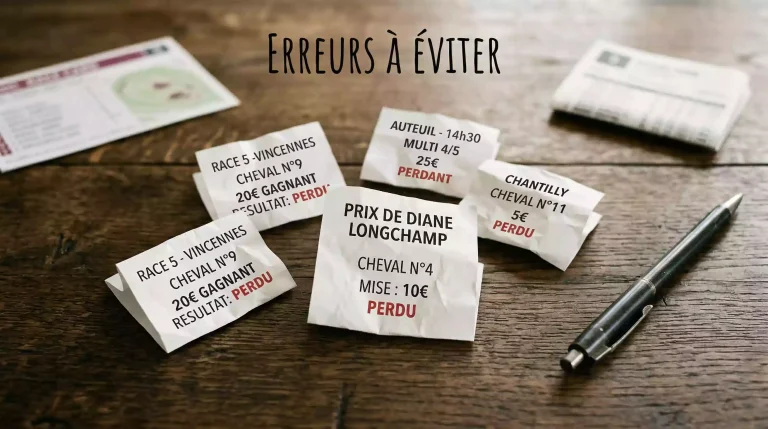 Tickets de paris hippiques perdants poses sur une table a cote d'un stylo