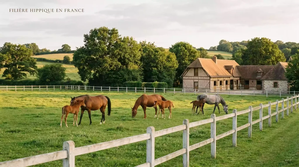 Élevage de chevaux de course dans un haras normand avec pâturages verdoyants