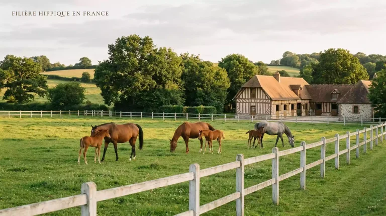Élevage de chevaux de course dans un haras normand avec pâturages verdoyants