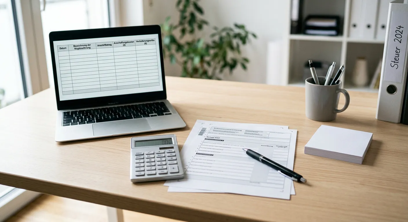 Bureau avec documents administratifs et calculatrice illustrant la déclaration fiscale des cryptomonnaies