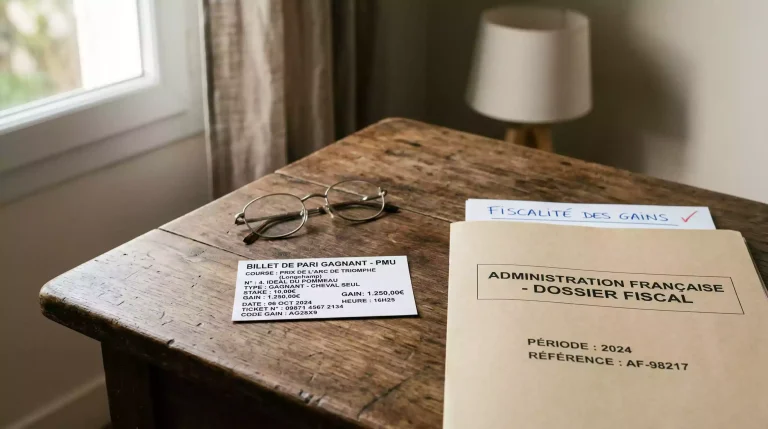 Ticket de pari hippique gagnant posé sur un bureau à côté de documents fiscaux français
