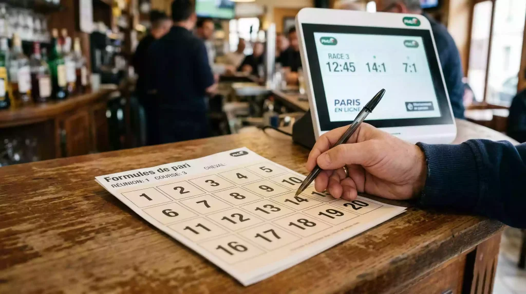 Ticket de pari hippique avec grille de selection de chevaux sur un comptoir PMU
