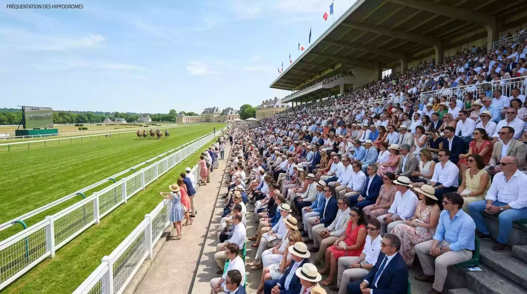 Tribune d'hippodrome remplie de spectateurs lors d'une journee de courses en France