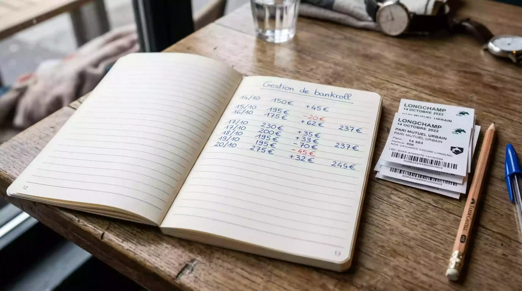 Carnet de suivi de paris hippiques posé sur une table avec des tickets de courses