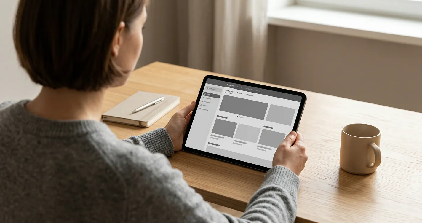 Personne consultant un guide de paris sportifs sur tablette dans un environnement calme