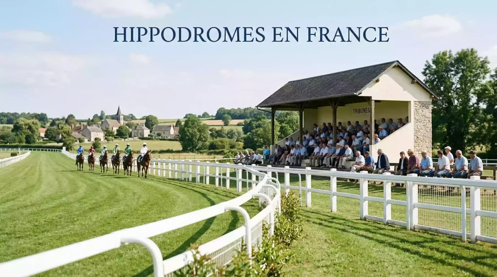 Tribune et piste d'un hippodrome français avec des spectateurs un jour de courses