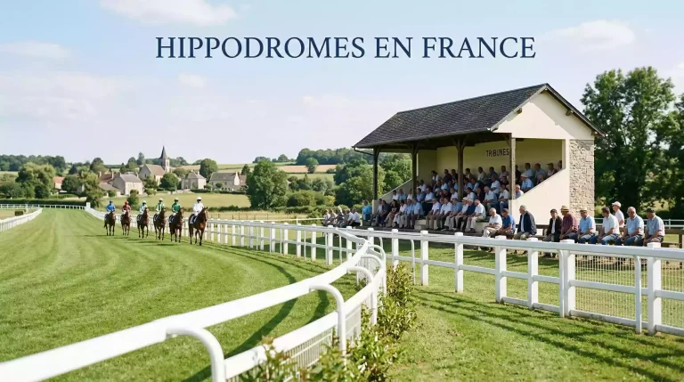 Tribune et piste d'un hippodrome français avec des spectateurs un jour de courses