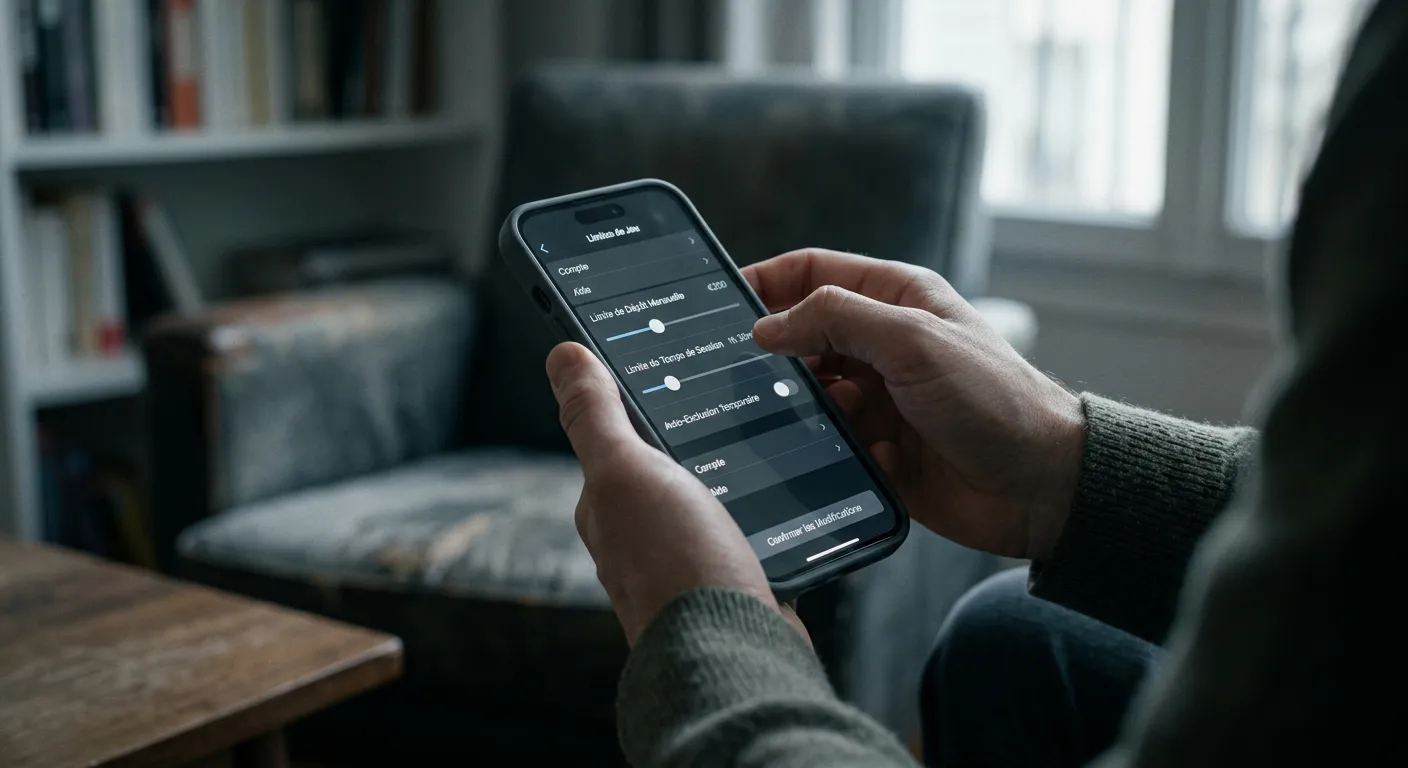 Personne consultant des paramètres de limite de jeu sur smartphone dans un cadre sobre