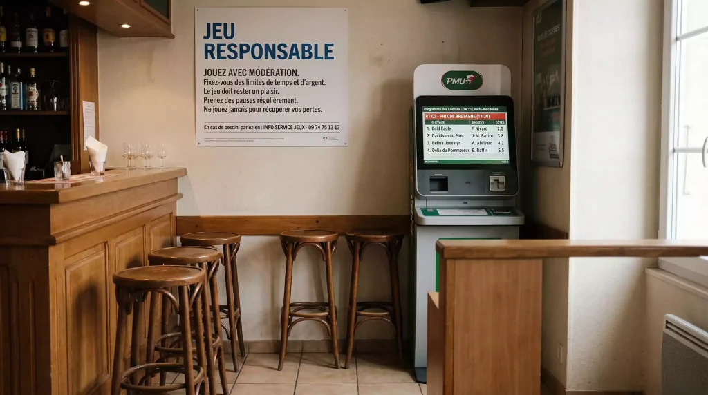 Panneau d'information sur le jeu responsable dans un point de vente de paris hippiques