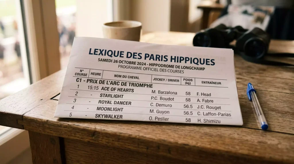 Programme de course hippique avec termes du turf annotes sur un bureau de parieur