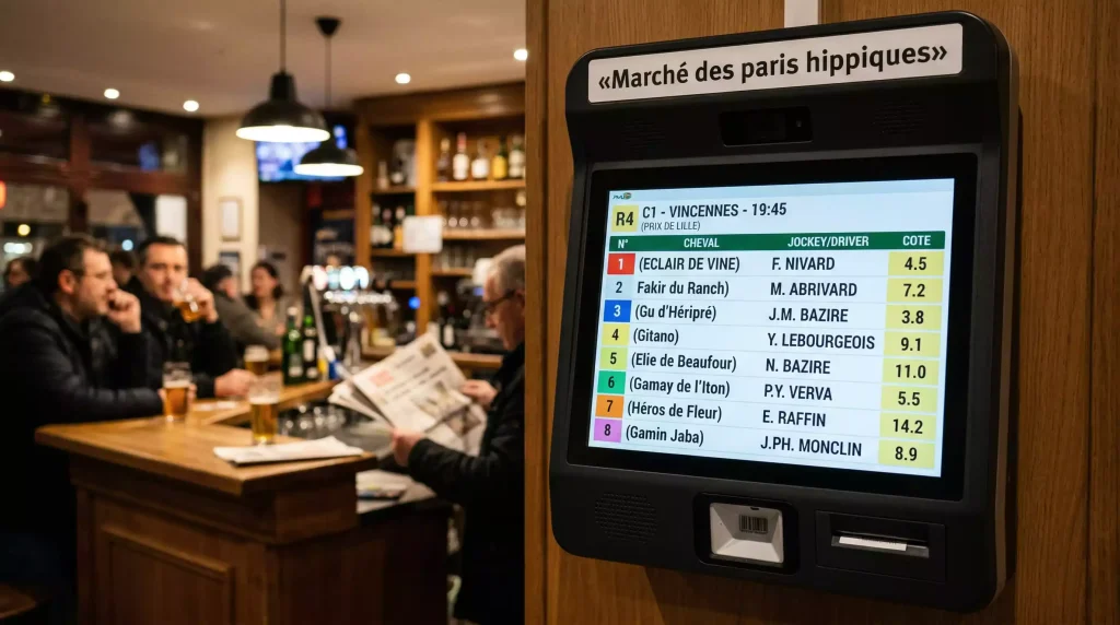 Écran de terminal de paris hippiques affichant les cotes et rapports en temps réel
