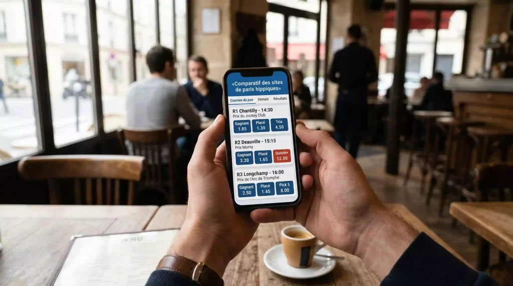 Ecran de smartphone affichant une application de paris hippiques avec des courses en direct