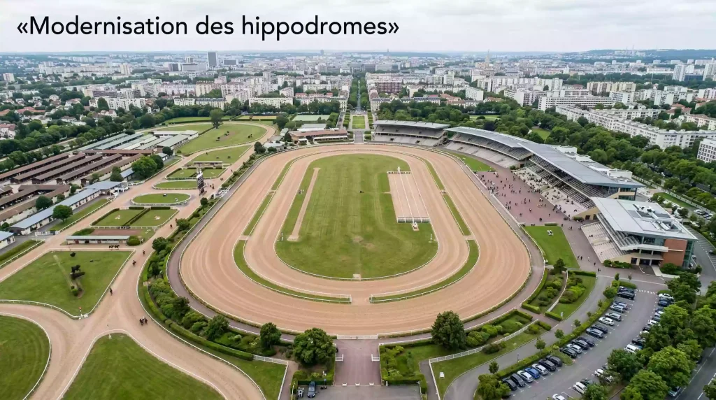 Vue aérienne d'un hippodrome français symbolisant la réforme du Pacte PMU 2030