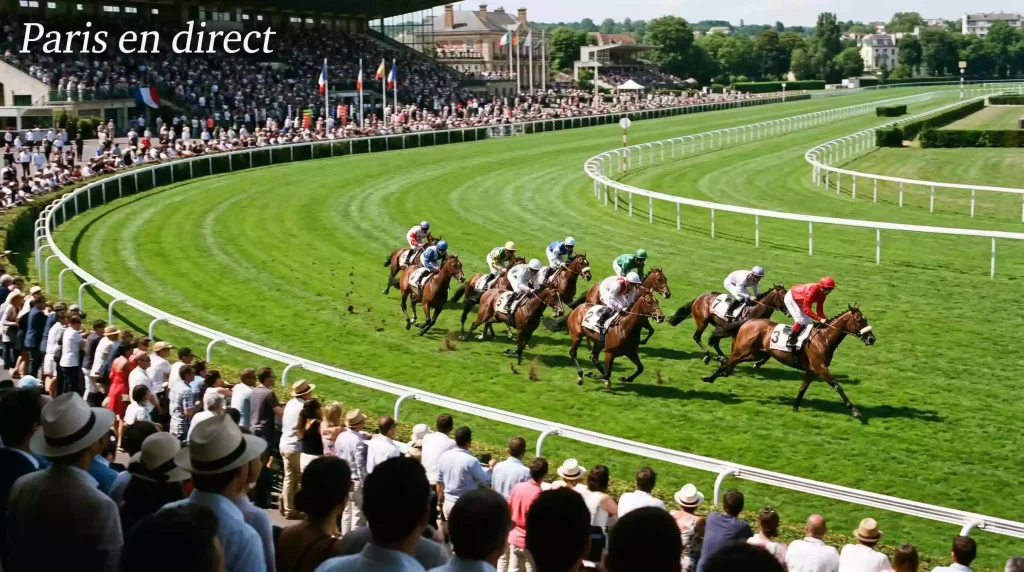 Chevaux de course en plein galop sur la piste vus depuis les tribunes d'un hippodrome