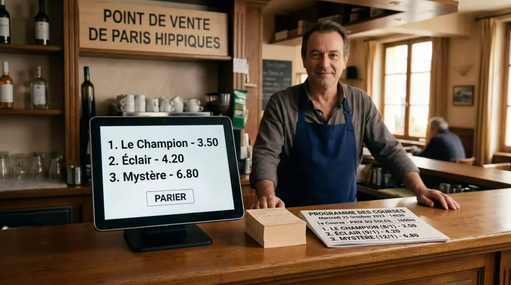 Comptoir d'un bar-tabac PMU avec terminal de paris hippiques et tickets