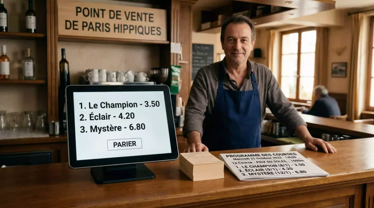 Comptoir d'un bar-tabac PMU avec terminal de paris hippiques et tickets
