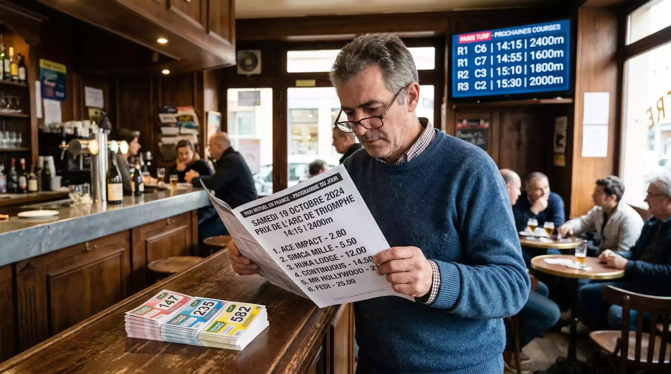 Parieur hippique consultant les rapports probables avant une course en France