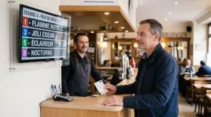 Parieur débutant consultant un programme de courses hippiques dans un bar-tabac PMU