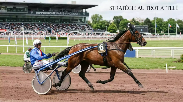 Chevaux de galop plat en pleine course avec jockeys en casaques colorees