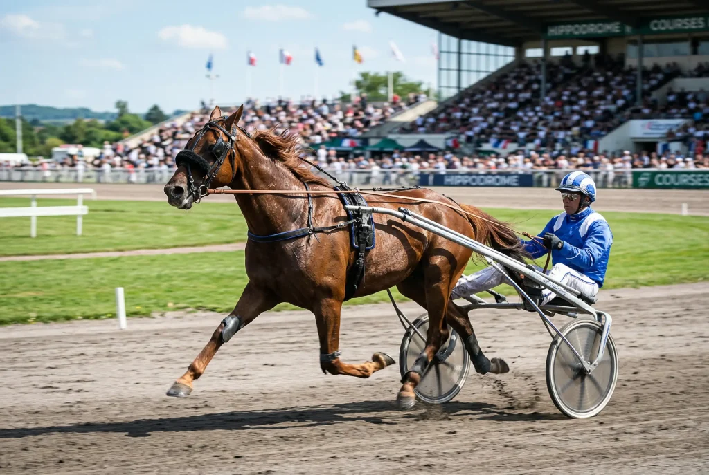 Trotteur attele a un sulky en pleine course sur une piste d'hippodrome