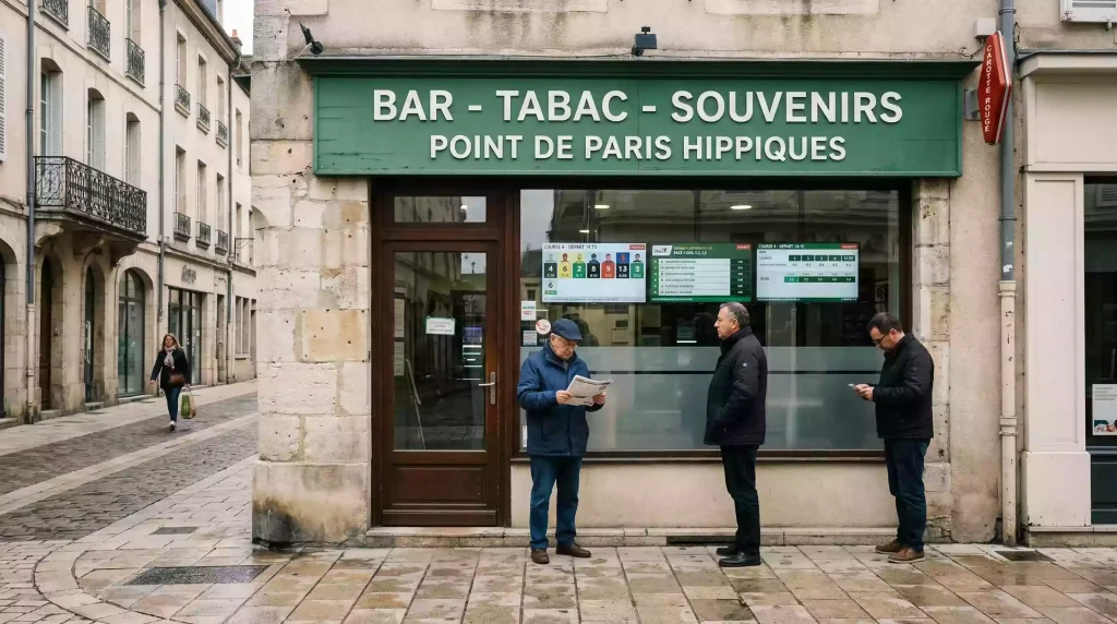 Façade d'un point de vente PMU en France avec écrans de courses hippiques visibles