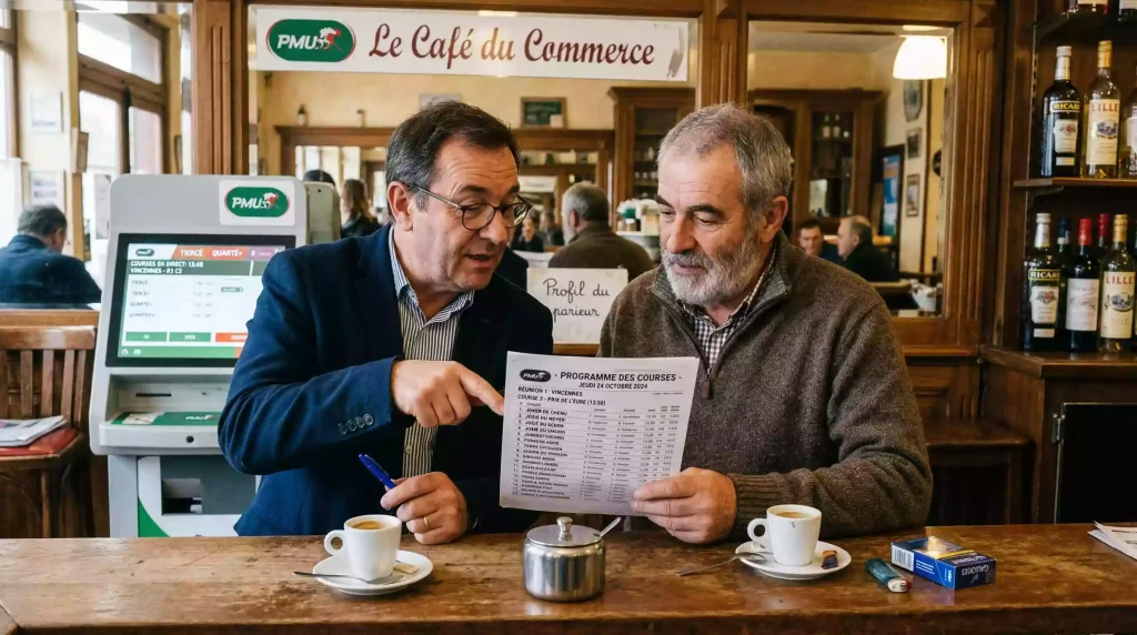 Parieurs hippiques consultant le programme des courses dans un bar-tabac PMU