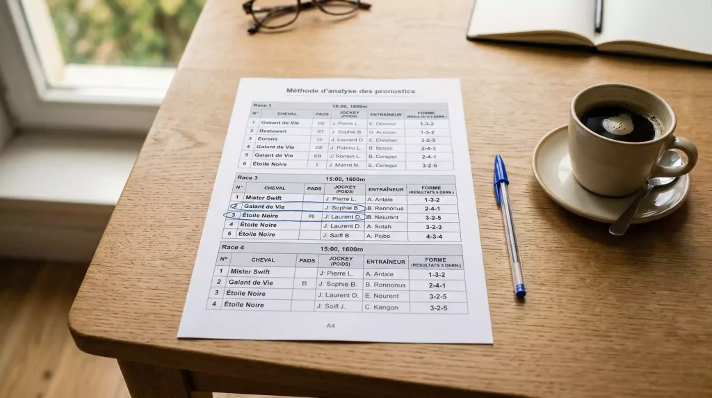 Programme de course hippique annoté avec analyse des partants et de la musique des chevaux