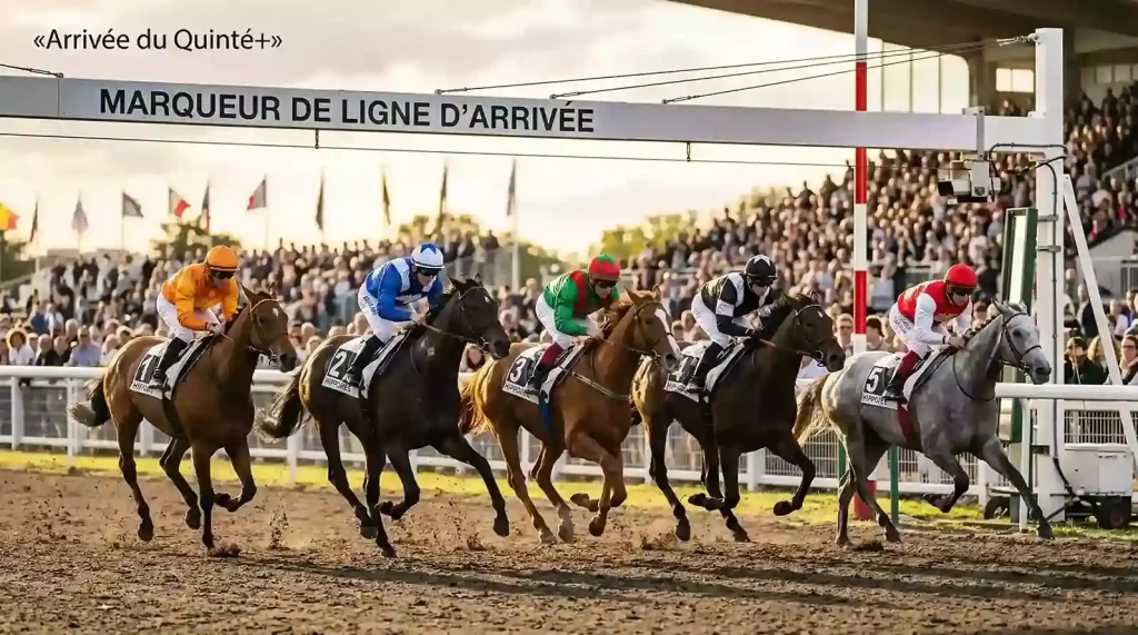 Peloton de chevaux de course franchissant la ligne d'arrivée lors d'une épreuve de quinté