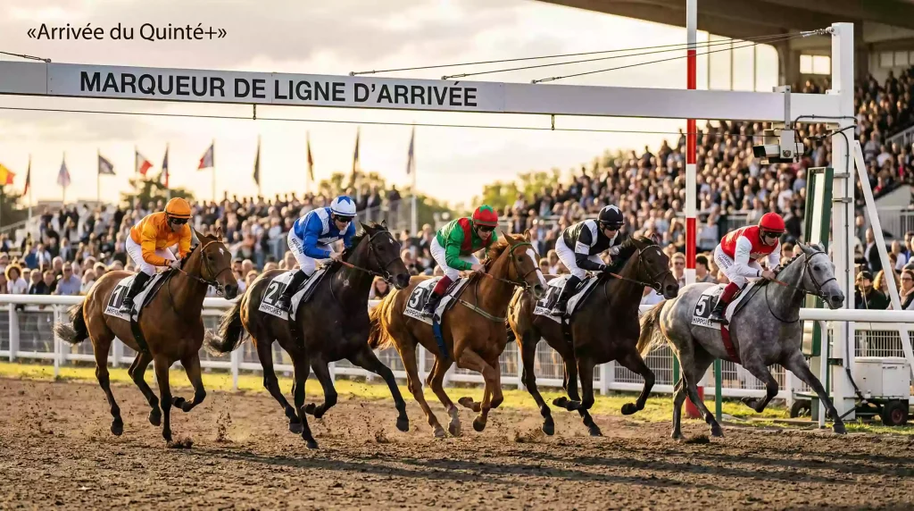 Peloton de chevaux de course franchissant la ligne d'arrivée lors d'une épreuve de quinté