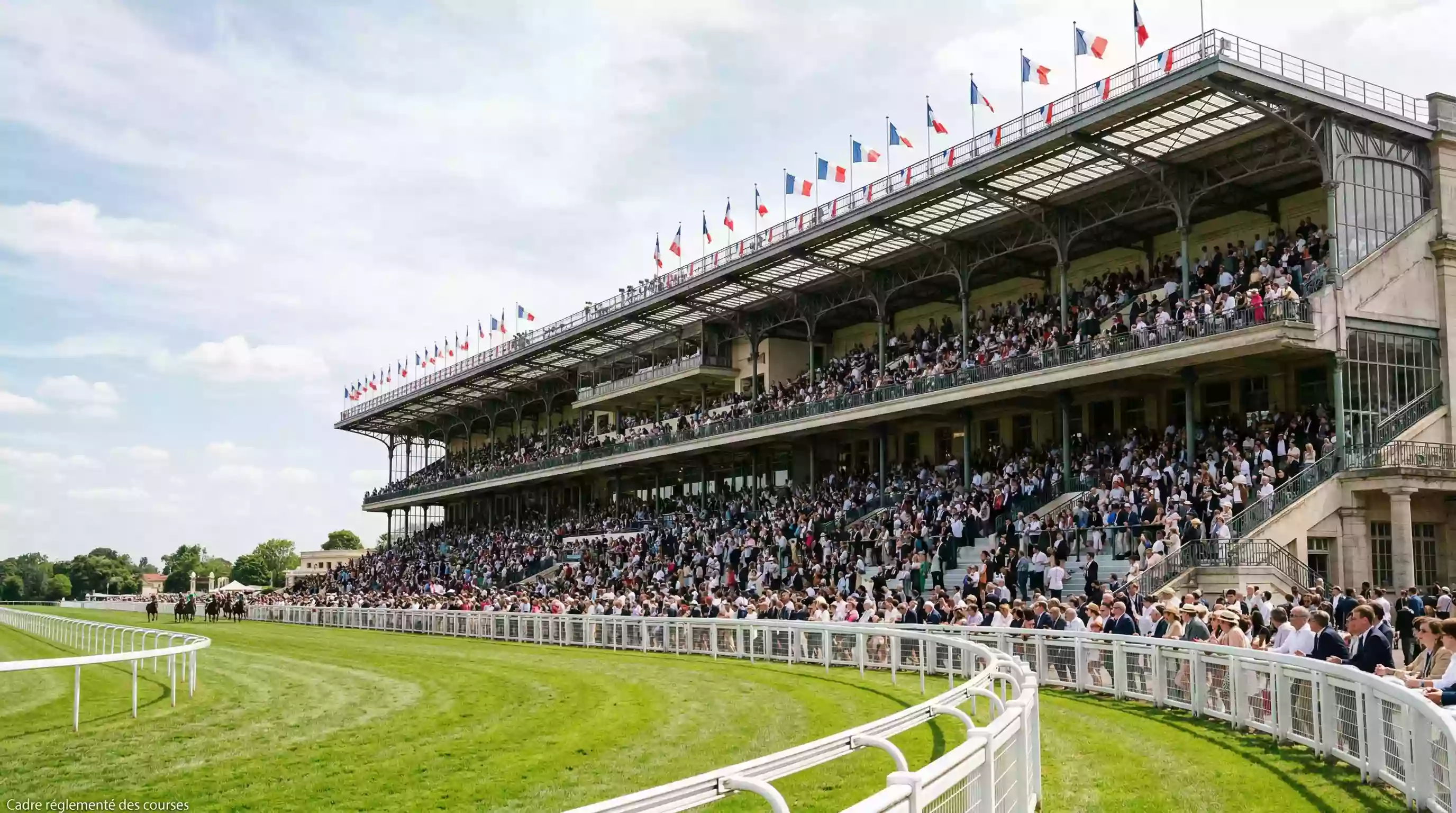 Tribune d'un hippodrome français avec public lors d'une journée de courses officielles