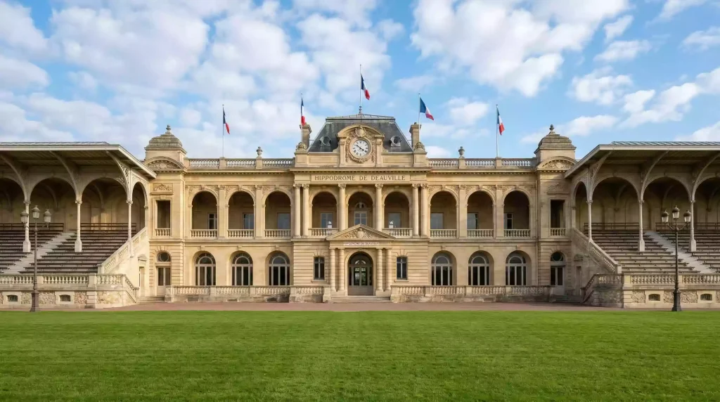 Facade d'un hippodrome français sous un ciel dégagé symbolisant le cadre réglementaire des courses