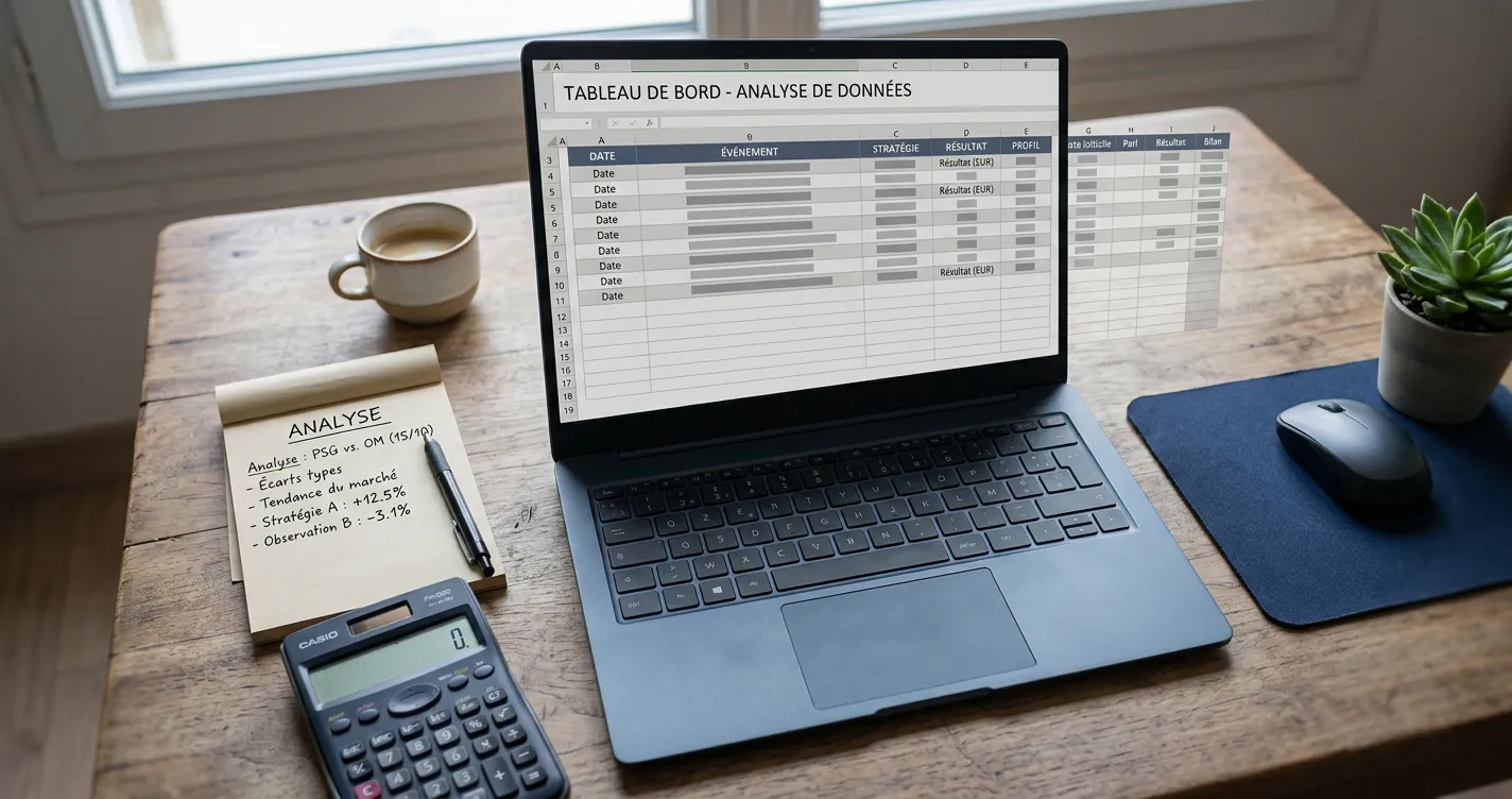 Tableau Excel de suivi des paris sportifs avec colonnes de données et indicateurs de performance