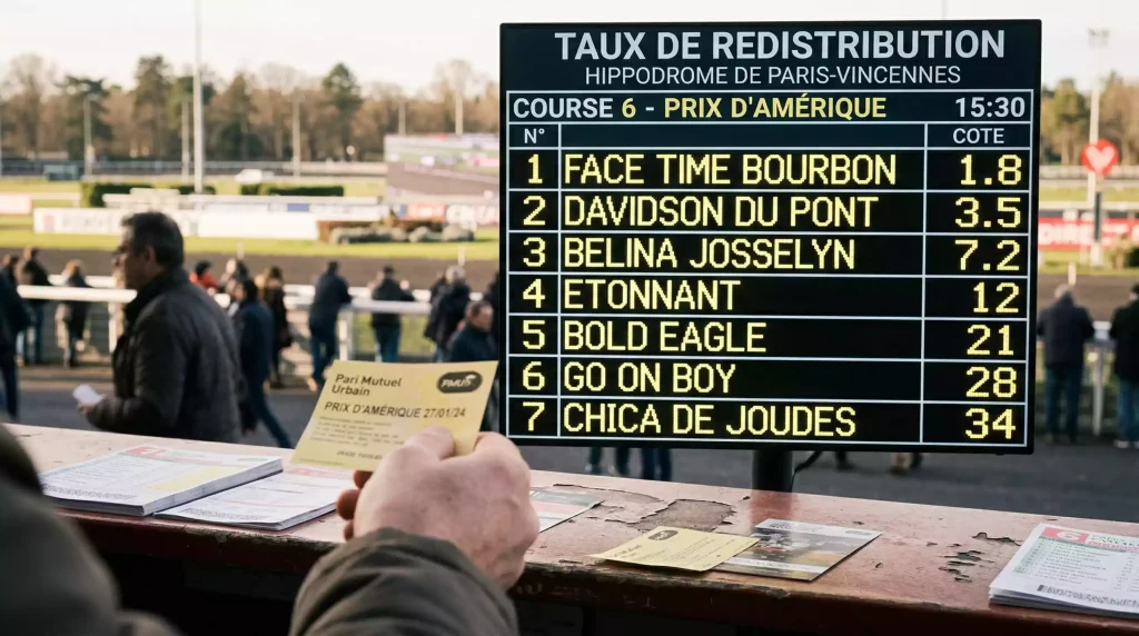 Guichet de paris hippiques avec tableau des rapports affichés sur un hippodrome