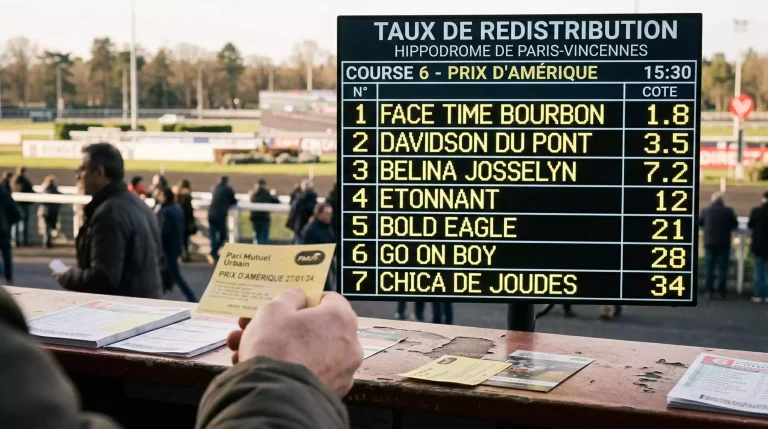Guichet de paris hippiques avec tableau des rapports affichés sur un hippodrome