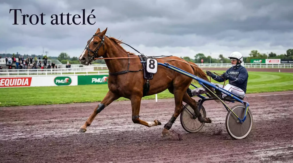Cheval de trot attelé tirant un sulky sur une piste d'hippodrome en France