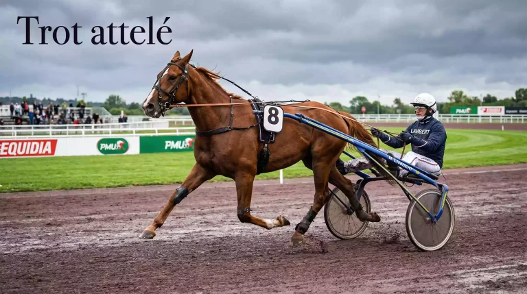 Cheval de trot attelé tirant un sulky sur une piste d'hippodrome en France