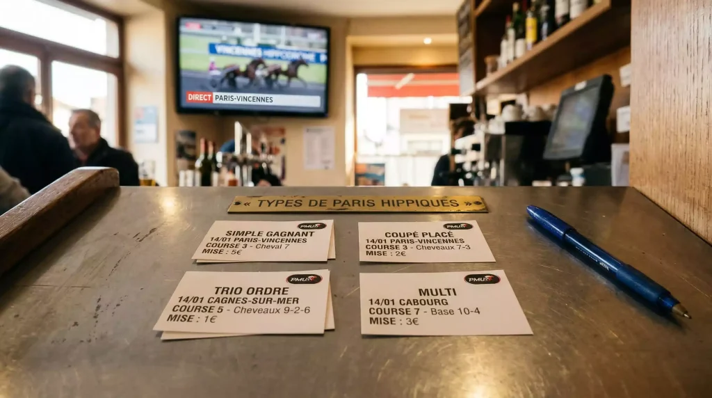 Tableau des types de paris hippiques avec tickets de courses sur un hippodrome français