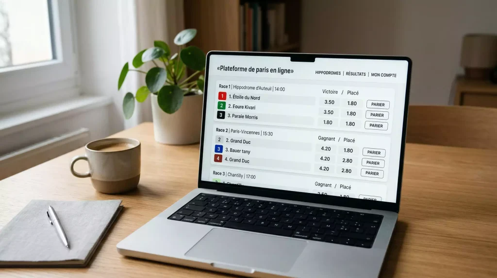 Écran d'ordinateur affichant l'interface de la plateforme de paris hippiques en ligne